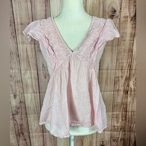 Cottagecore Pink Seersucker Striped Blouse with Smocked Bodice & Flutter Sleeves